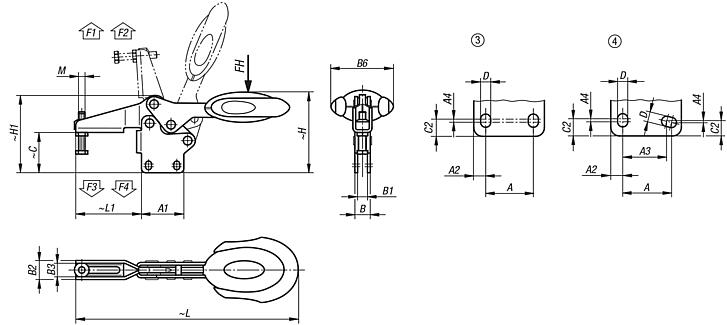 Schnellspanner horizontal mit Sicherheitsverriegelung mit senkrechtem Fuß und verstellbarer Andruckspindel