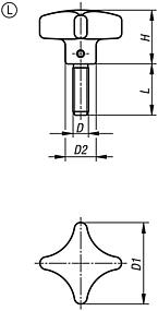 Kreuzgriffe ähnlich DIN 6335 aus Aluminium, Form L, mit Außengewinde