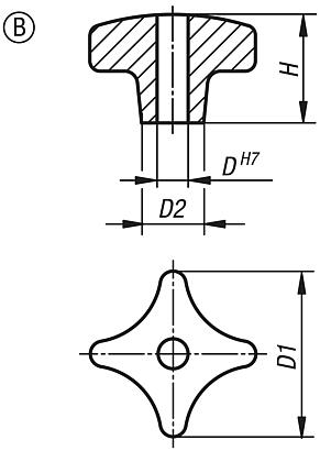 Kreuzgriffe ähnlich DIN 6335 aus Aluminium, Form B, durchgehende Bohrung