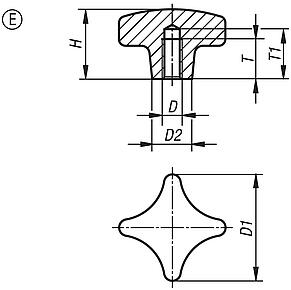 Kreuzgriffe ähnlich DIN 6335 aus Aluminium, Form E, Gewindesackloch