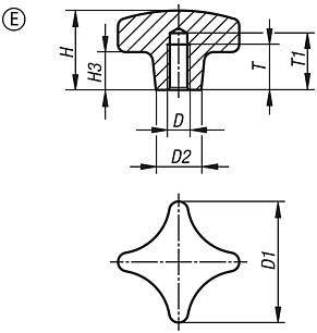 Kreuzgriffe DIN 6335 aus Grauguss, Form E, Gewindesackloch