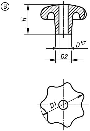 Sterngriffe ähnlich DIN 6336 aus Aluminium, Form B, durchgehende Bohrung