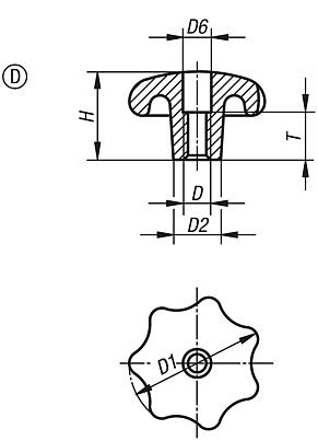 Sterngriffe ähnlich DIN 6336 aus Aluminium, Form D, Gewinde aufgebohrt