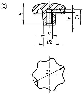 Sterngriffe ähnlich DIN 6336 aus Aluminium, Form E, Gewindesackloch