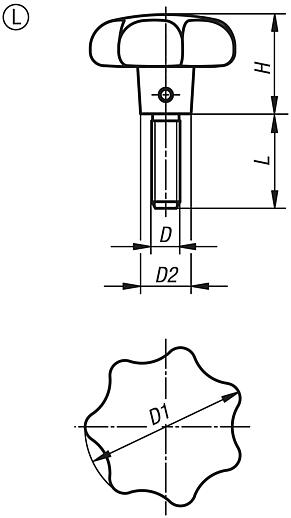 Sterngriffe ähnlich DIN 6336 aus Aluminium, Form L, mit Außengewinde