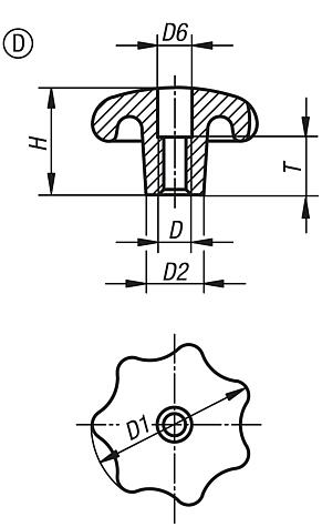 Sterngriffe DIN 6336 aus Grauguss, Form D, Gewinde aufgebohrt