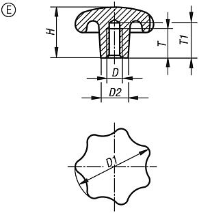 Sterngriffe DIN 6336 aus Grauguss, Form E, Gewindesackloch 