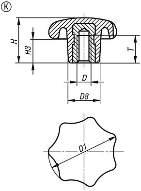 Sterngriffe ähnlich DIN 6336, Innengewinde, Form K