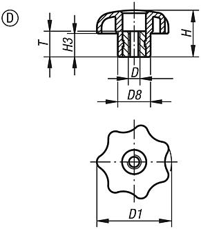 Star grips similar to DIN 6336, metal parts stainless steel, internal thread, without cap, Form D 