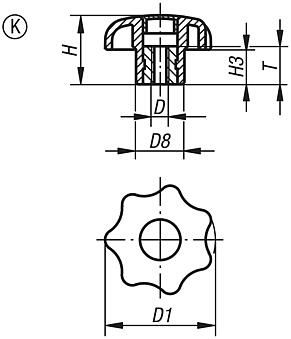 Star grips similar to DIN 6336, metal parts stainless steel, internal thread, with cap, Form K