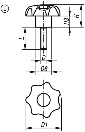 Star grips similar to DIN 6336, metal parts stainless steel with external thread, Form L 