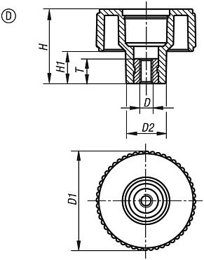 Rändelräder Form D, mit Gewindebuchse, ohne Deckel 