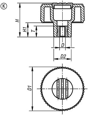 Rändelräder Form K, mit Gewindebuchse, mit Deckel 