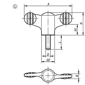 Wing grips, plastic with cap, threaded inserts steel or stainless steel, with external thread