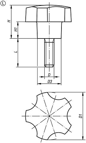 Five lobe grips, plastic (thermoset), threaded insert steel, with external thread