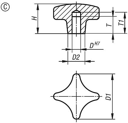 Kreuzgriffe ähnlich DIN 6335 aus Aluminium, Form C, Sackloch