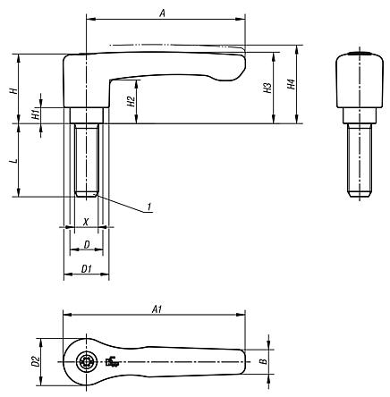 Clamping levers, die-cast zinc, flat with external thread, threaded pin black oxidised steel