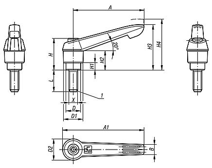 Clamping levers, plastic, with external thread and zinc toothed ring, threaded insert blue passivated steel