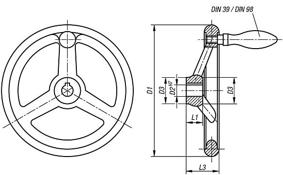 Handräder DIN 950 aus Aluminium, mit drehbarem Ballengriff