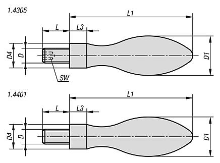 Ballengriffe feststehend DIN 39 Form E, aus Edelstahl