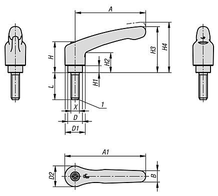 Clamping levers, plastic with external thread, threaded insert stainless steel