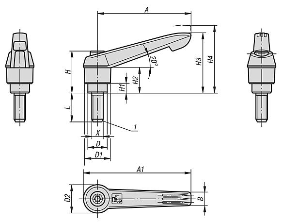Clamping levers, plastic, with external thread and zinc toothed ring, thread insert stainless steel
