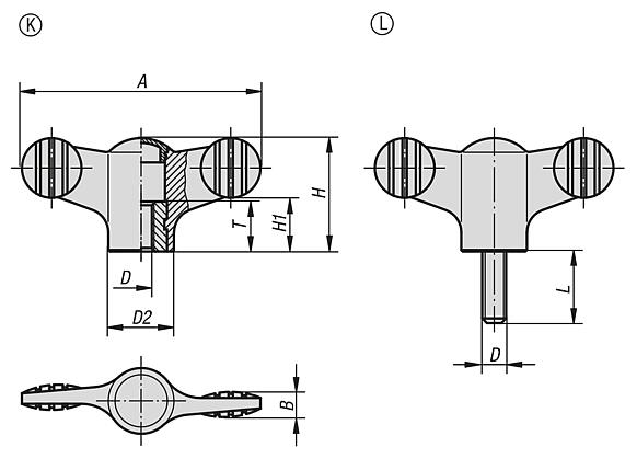 Wing grips, plastic with cap, threaded inserts steel or stainless steel