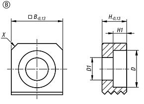 Grippers, Werkzeugstahl, viereckig
mit Senkbohrung Form B
