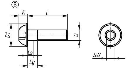 Schrauben mit abgeflachtem Halbrundkopf mit Innensechskant und Bund DIN EN ISO 7380-2, Form B