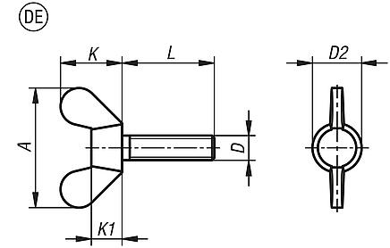Flügelschrauben, Form DE, deutsche Form ähnlich DIN 316