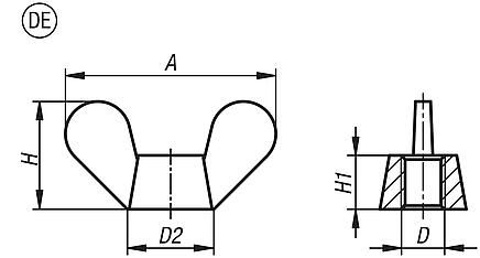 Flügelmuttern, Form DE, deutsche Form ähnlich DIN 315