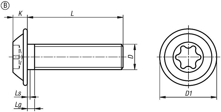 Schrauben mit abgeflachtem Halbrundkopf und Innensechsrund ähnlich DIN 34805, Form B