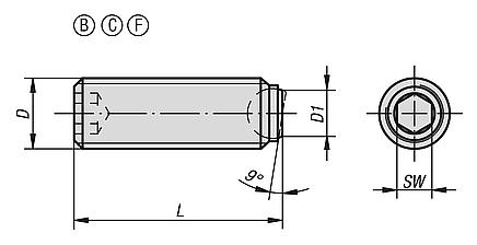 Ball-end thrust screws without head with flattened ball