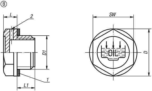 Verschlussschrauben Form B, mit Einfüllsymbol und Entlüftungsbohrung