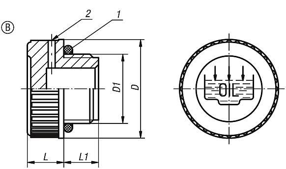 Verschlussschrauben Form B, mit Einfüllsymbol und Entlüftungsbohrung