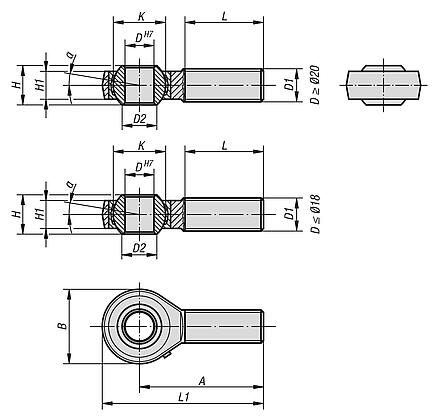 Rod ends with plain bearing, external thread, steel, DIN ISO 12240-1
can be re-lubricated