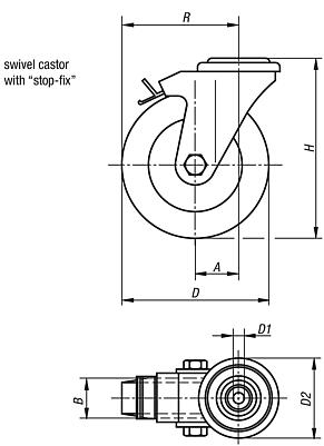 Appliance swivel castors with stop-fix, solid rubber tyres, standard version