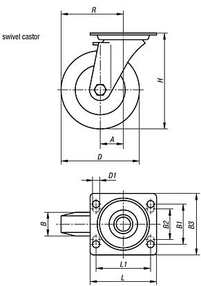 Steel plate swivel castors with vulcanised-on elastic solid rubber tyres, standard version