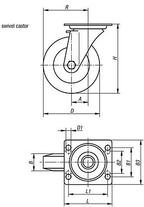 Steel plate swivel castors with steel wire reinforced elastic solid rubber tyres, heavy duty version