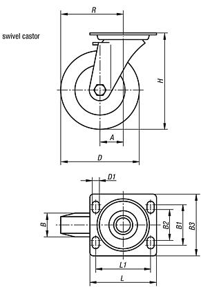 Steel plate swivel castors with Extrathane® tread, heavy duty version