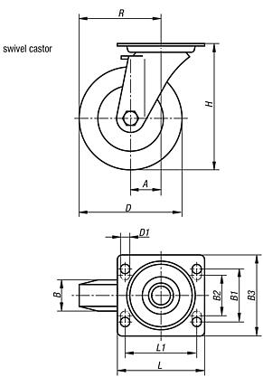 Steel plate swivel castors with polyamide wheels, heavy duty version