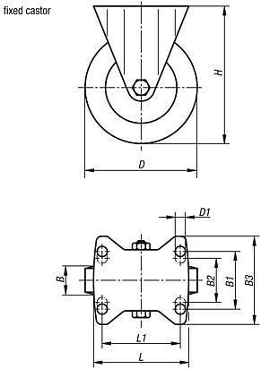 Steel plate fixed castors with polyamide wheels, heavy duty version, plain and ball bearings