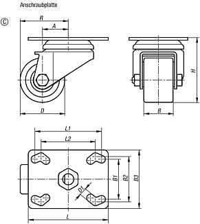 Stahlblech-Lenkrollen Kompakt-Ausführung, Form C