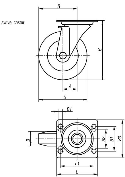 Steel plate swivel castors with solid rubber tyres, standard version 