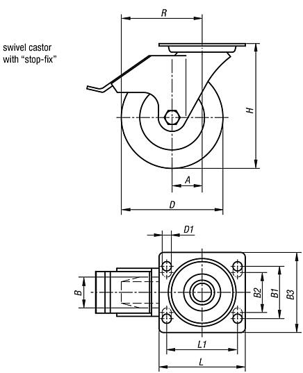 Steel plate swivel castors with stop-fix, vulcanised-on elastic solid rubber tyres, standard version