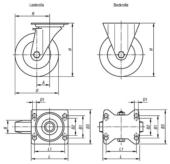 Stahlblech-Lenk- und Bockrollen Standard-Ausführung
