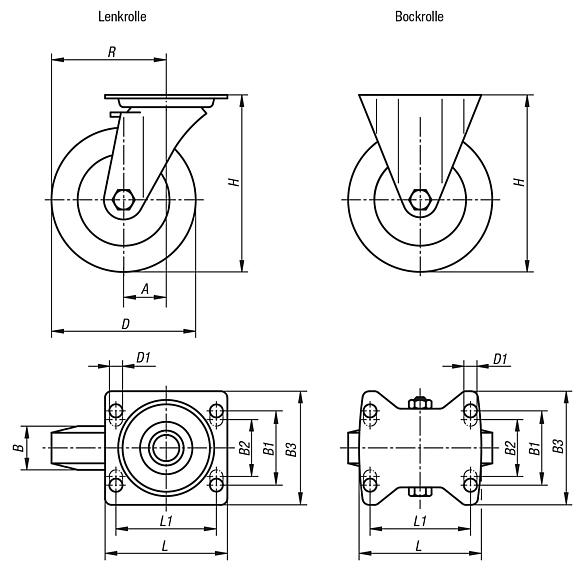 Stahlblech-Lenk- und Bockrollen Standard-Ausführung