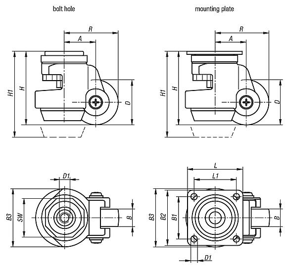 Elevating castors with foot with bolt hole or mounting plate