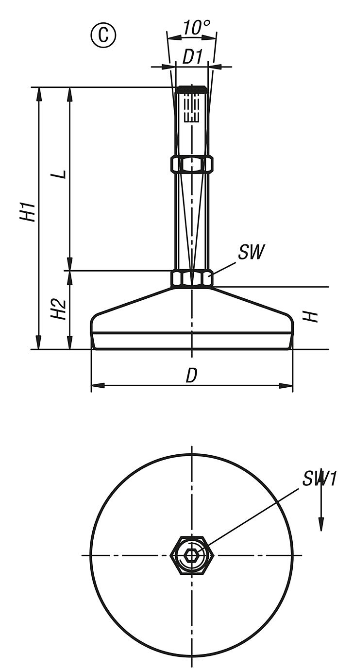 Levelling feet steel or stainless steel Form C
